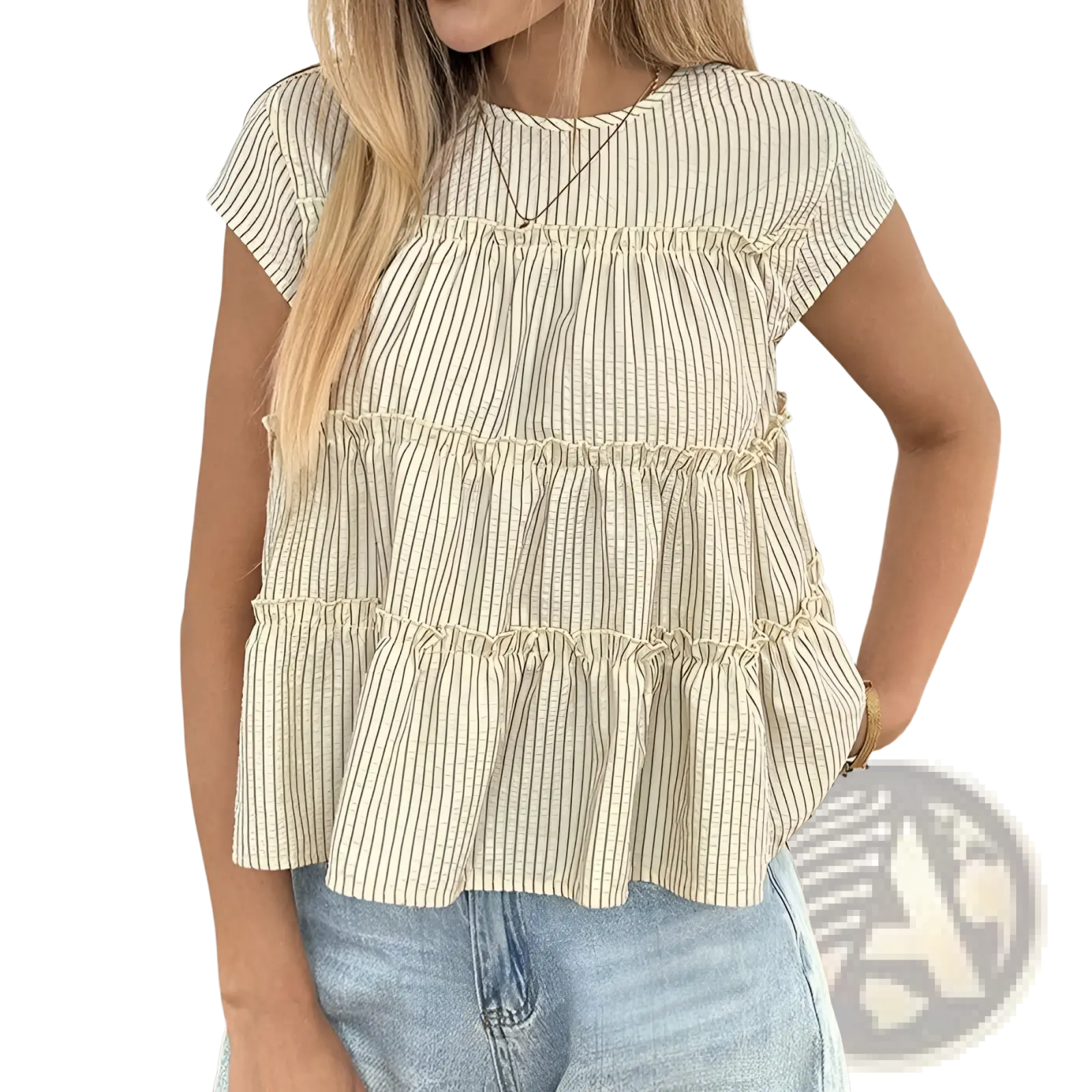 A cream-colored tiered striped ruffle hem blouse with thin vertical stripes and lightweight fabric in beige