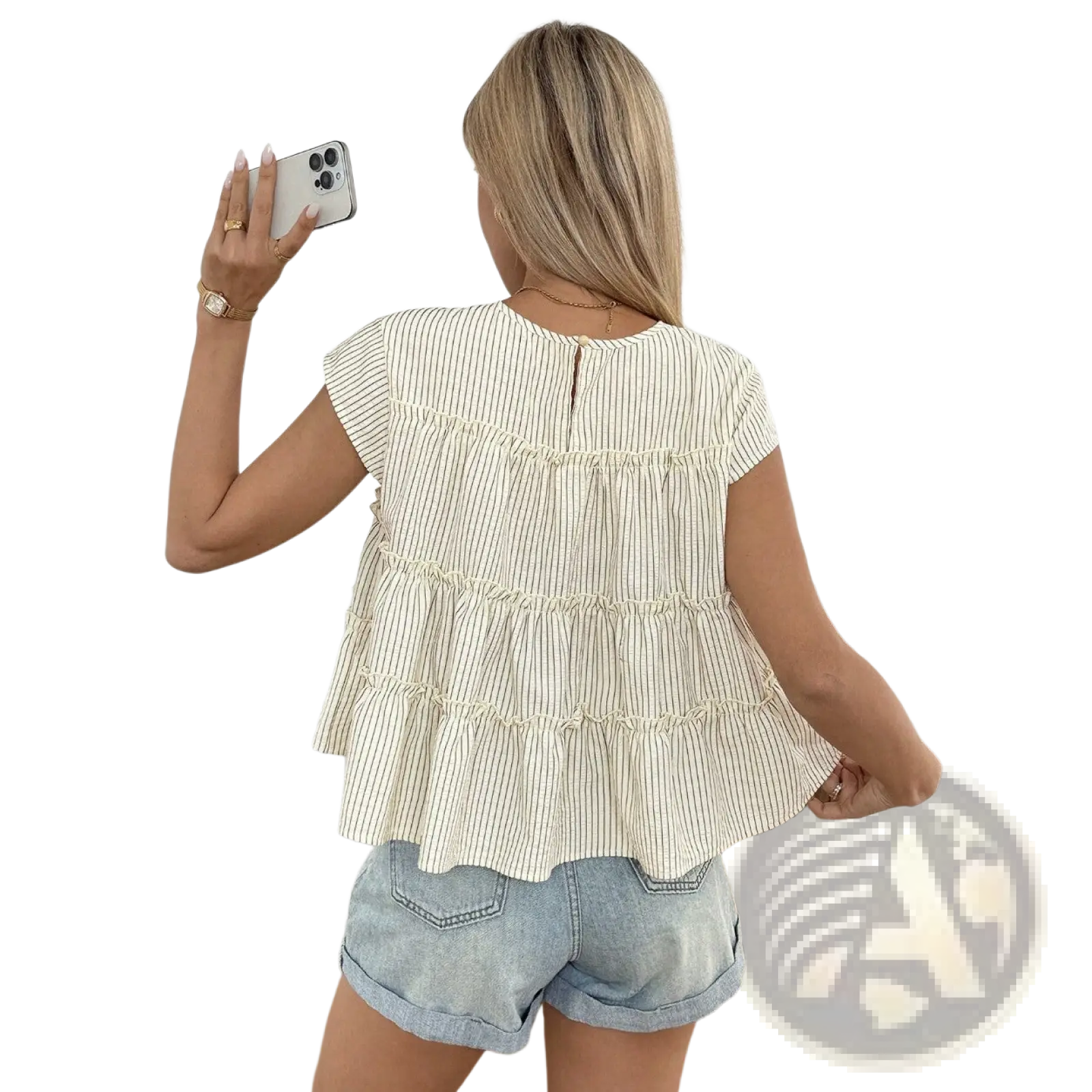 A cream-colored blouse with thin vertical stripes and tiered ruffles at the hem in beige fabric