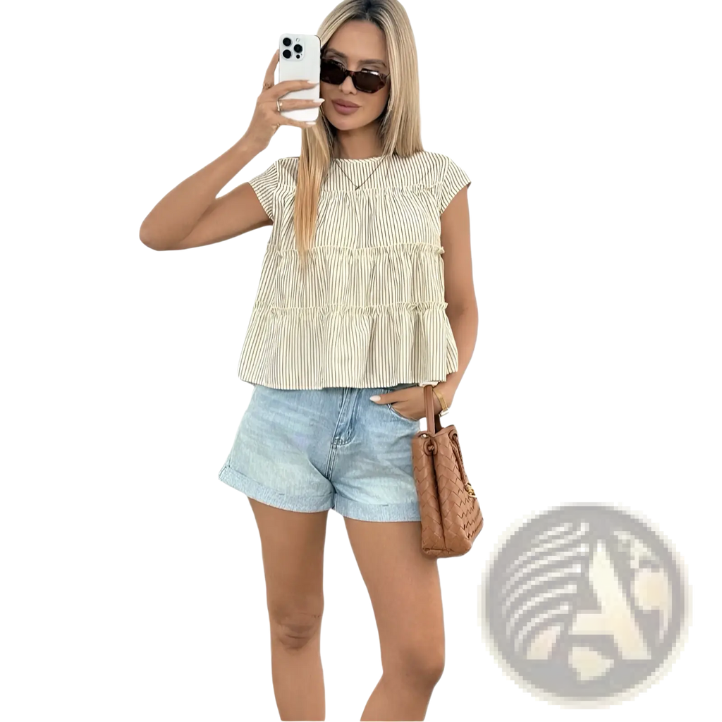 Beige and white vertically striped tiered sleeveless blouse with ruffled hem ideal for casual wear