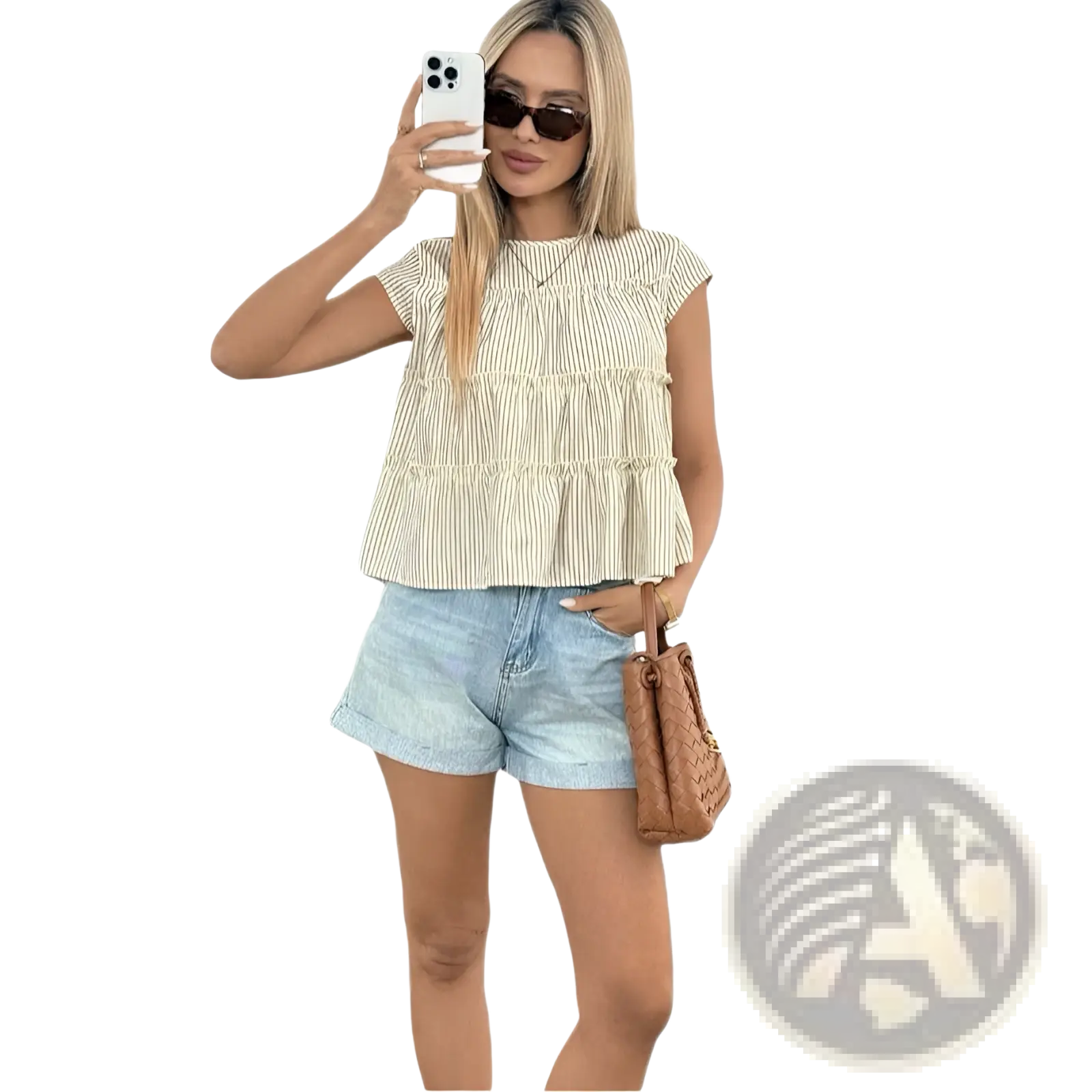 Beige and white vertically striped tiered sleeveless blouse with ruffled hem ideal for casual wear