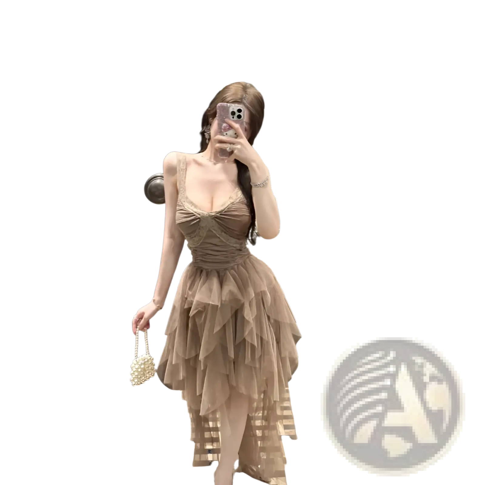Delicate beige tiered tulle and lace mesh evening gown with fitted bodice and ruching details