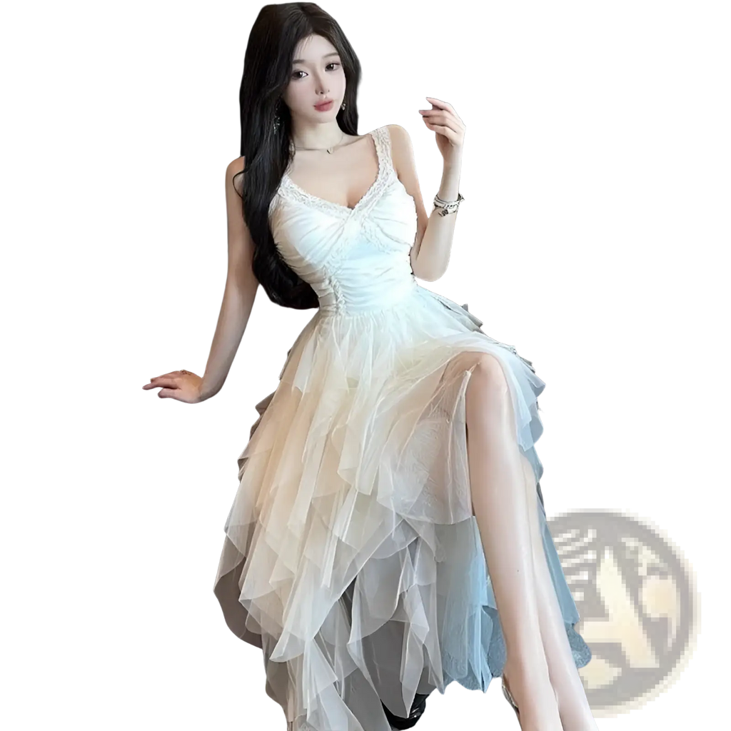 Ivory tiered tulle and lace mesh evening gown with a fitted bodice and layered skirt for formal occasions