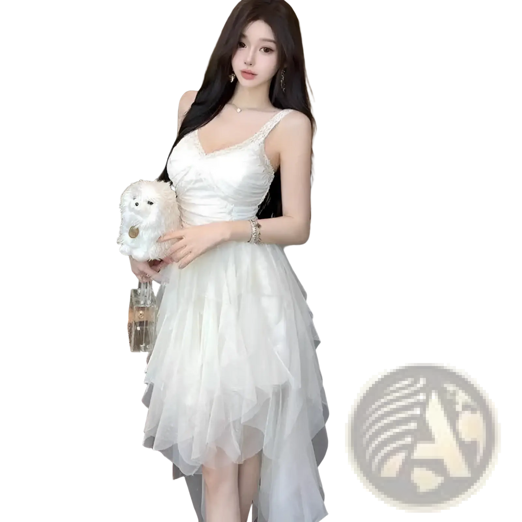 White tiered tulle and lace mesh evening gown with spaghetti straps and v-neckline for formal occasions