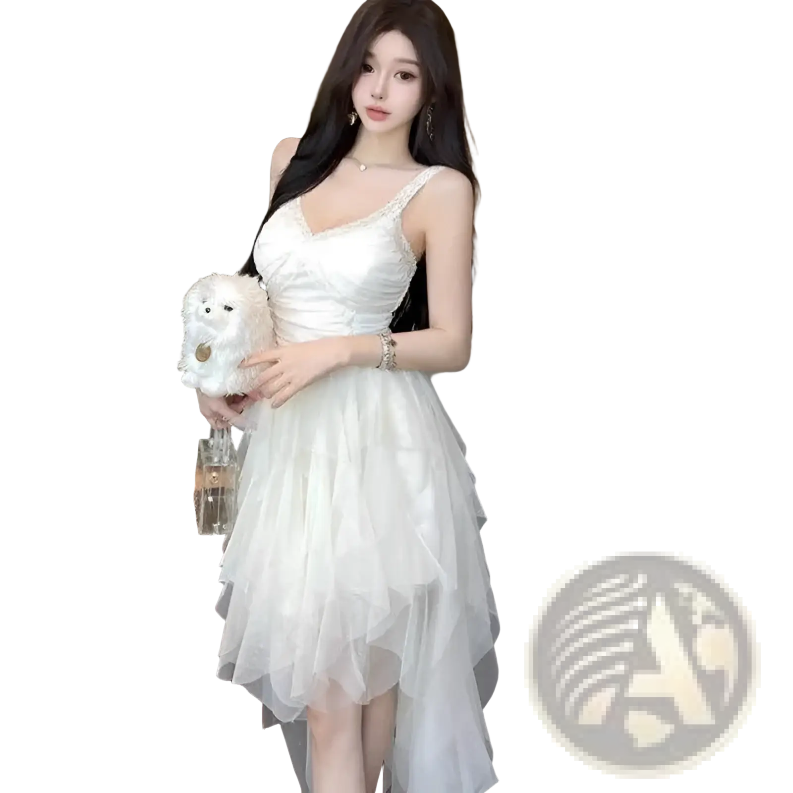White tiered tulle and lace mesh evening gown with spaghetti straps and v-neckline for formal occasions