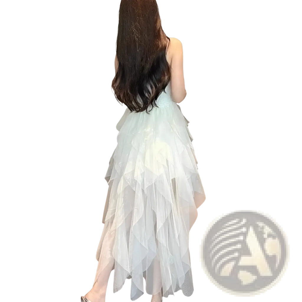 Off-white tiered tulle and lace mesh evening gown with sheer overlay and asymmetrical hemline maxi dress