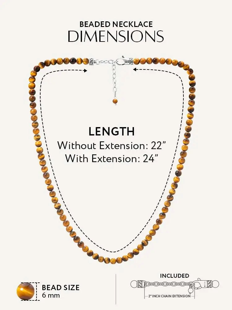 A tiger eye beaded stainless steel necklace with round golden-brown stones and a silver-toned adjustable chain