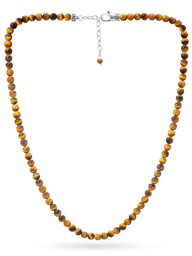 A sleek silver-toned stainless steel toggle clasp with a dangling tiger eye bead on a tiger eye beaded necklace