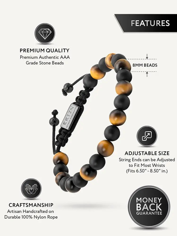A tulum tiger eye and black onyx adjustable beaded bracelet with alternating beads on durable nylon rope