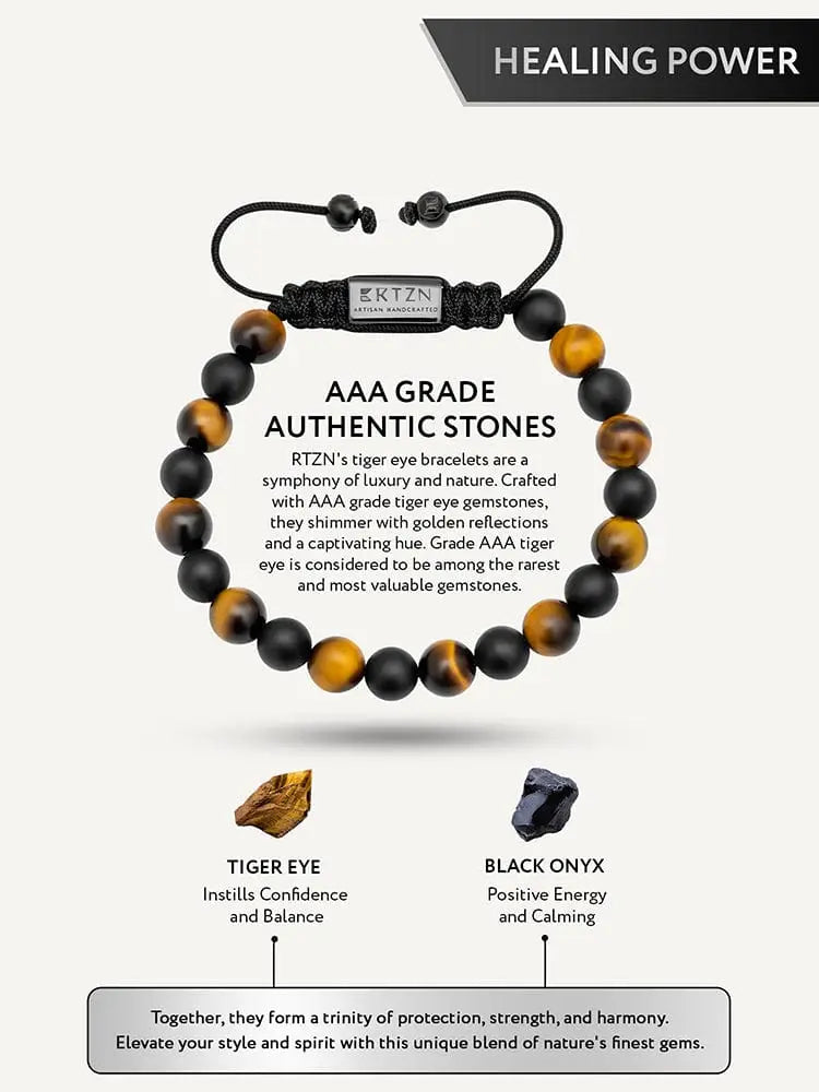 Tulum tiger eye and black onyx adjustable beaded bracelet with black and golden tiger eye beads and braided cord closure