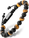 Tulum tiger eye and black onyx adjustable beaded bracelet featuring black and golden tiger eye beads and a silver Britzn tag
