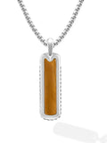 Silver-toned stainless steel dog tag pendant with rectangular amber tiger eye stone and beaded edges on box chain