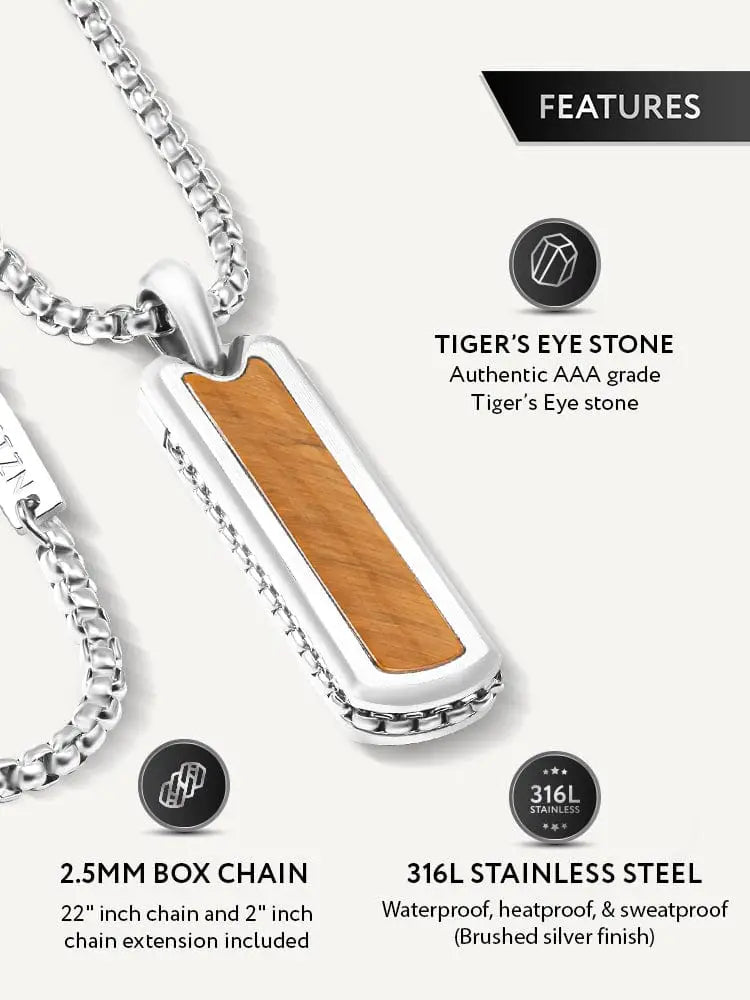 Silver-toned stainless steel rectangular column necklace with natural wood inlay and authentic tiger eye stone centerpiece