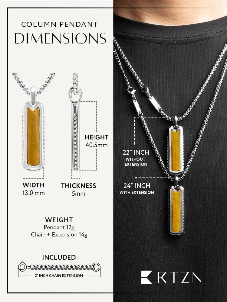 Tiger eye stainless steel rectangular column necklace with sleek silver tone and amber inlay featuring chain extension