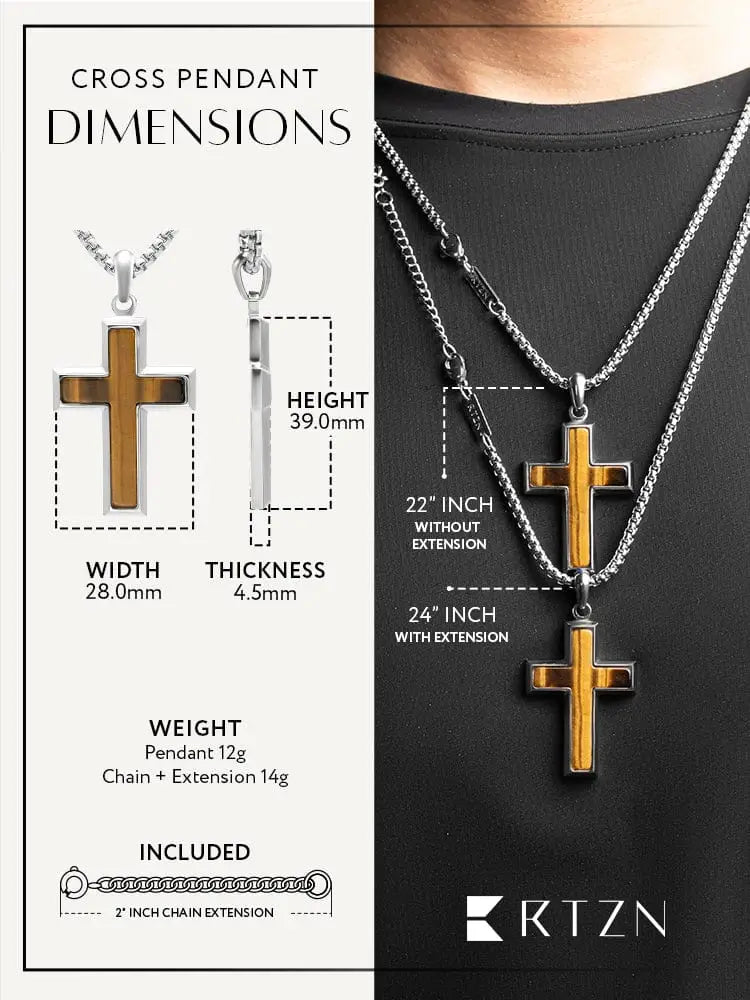 Silver cross pendant necklace with golden brown tiger eye inlay crafted from stainless steel in a modern design