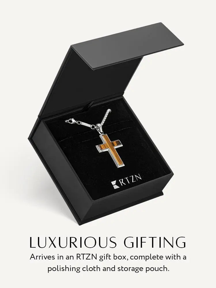 Silver and gold-toned tiger eye stainless steel cross pendant necklace with textured chain in black gift box