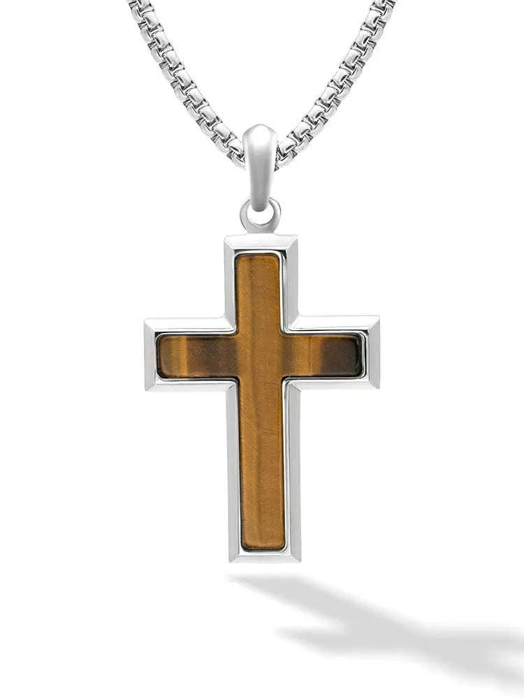 Silver cross pendant necklace with golden-brown tiger eye stone inset on a matching stainless steel chain