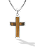 Silver cross pendant necklace with golden-brown tiger eye stone inset on a matching stainless steel chain