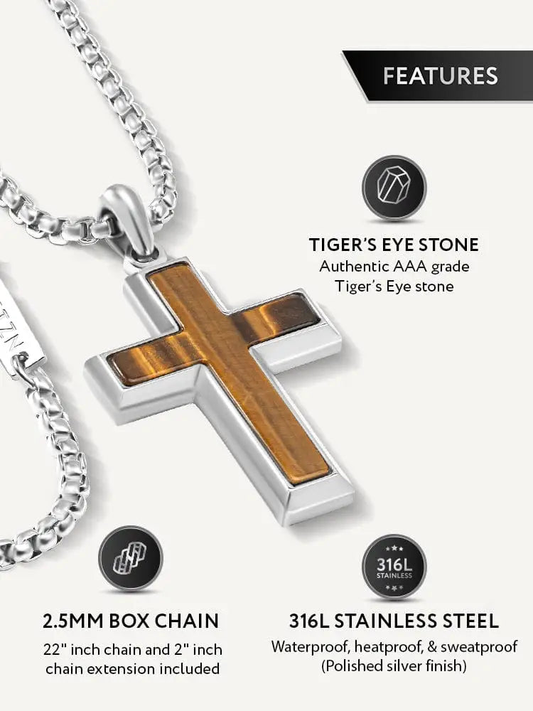 Silver cross pendant necklace featuring a central tiger eye stone set in polished 316l stainless steel