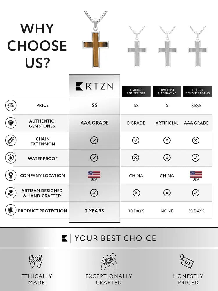 Tiger Eye stainless steel cross pendant necklace with silver and brown two-tone design and engraved center