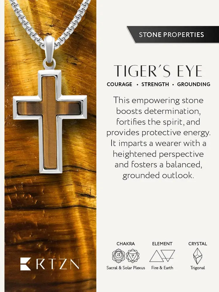 Silver cross pendant necklace featuring a central tiger eye stone in a sleek modern stainless steel design
