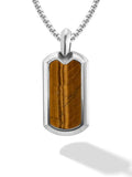 Silver-toned stainless steel dog tag pendant necklace with a polished tiger eye stone inset at the center