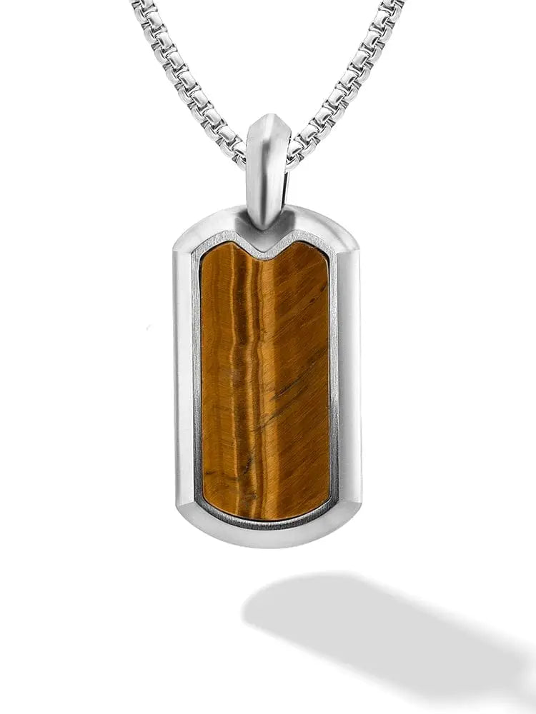 Silver-toned stainless steel dog tag pendant necklace with a polished tiger eye stone inset at the center