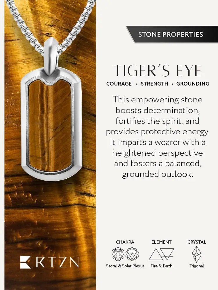 Silver-toned dog tag pendant necklace with polished golden-brown tiger eye stone in a stainless steel frame