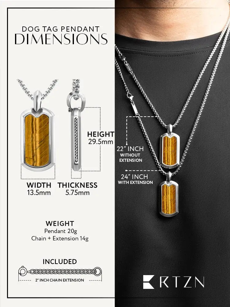 Silver stainless steel dog tag pendant necklace with golden tiger eye stone inlay and rectangular design with chain extension