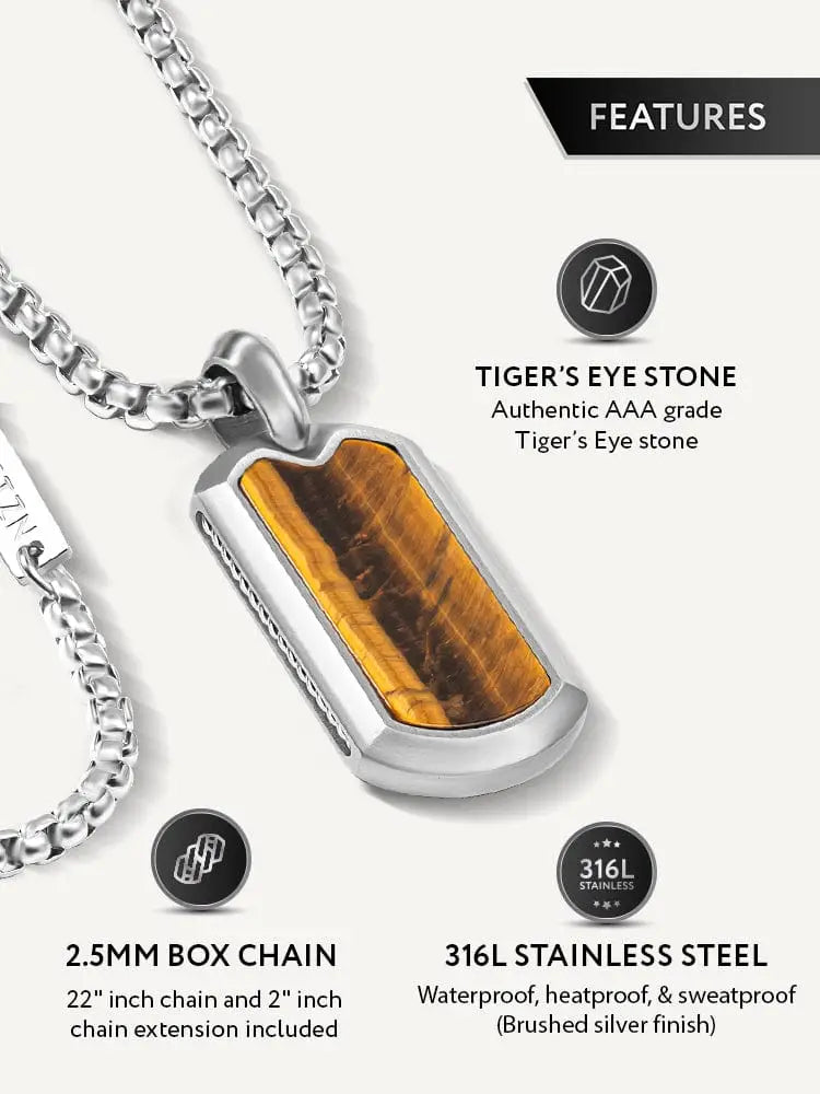 Silver-toned dog tag pendant necklace with polished tiger eye stone set in brushed 316l stainless steel