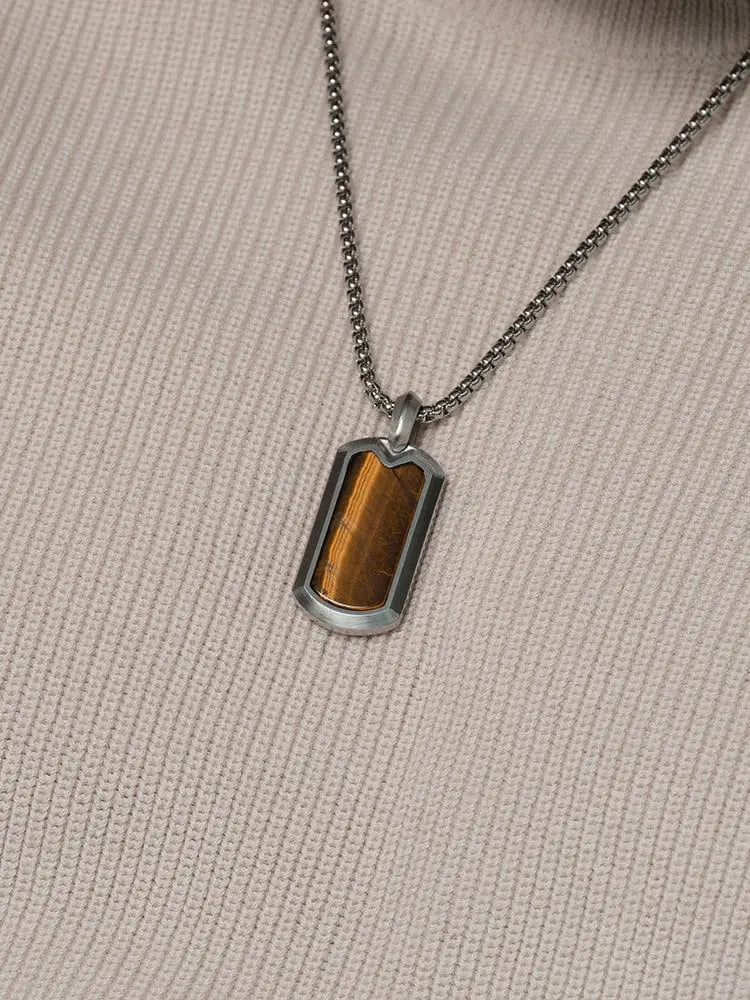 Tiger eye stainless steel dog tag pendant necklace with a vibrant orange brown tiger eye stone on a silver chain