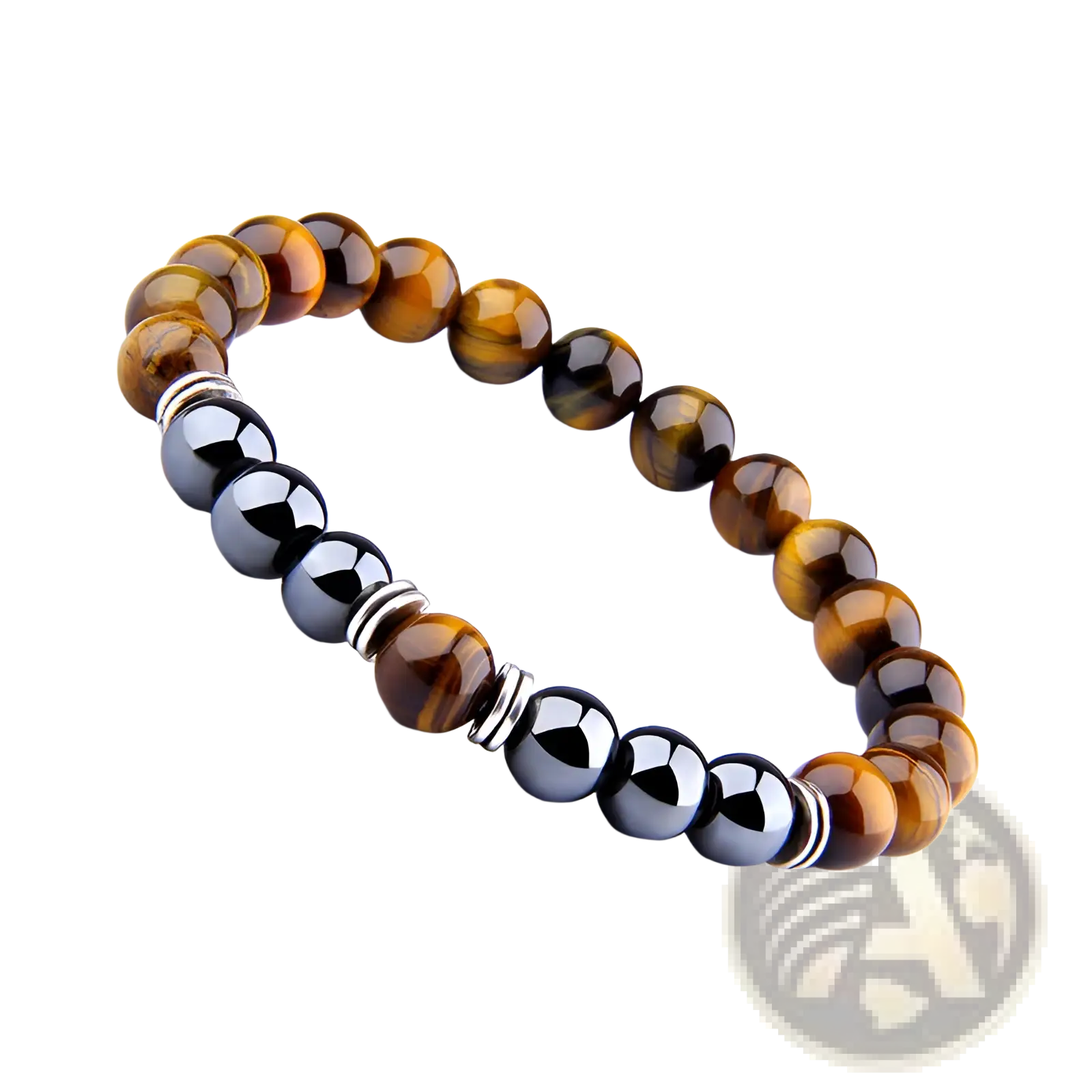 A beaded elastic bracelet featuring alternating tiger eye and black magnetic spheres with silver-toned spacers