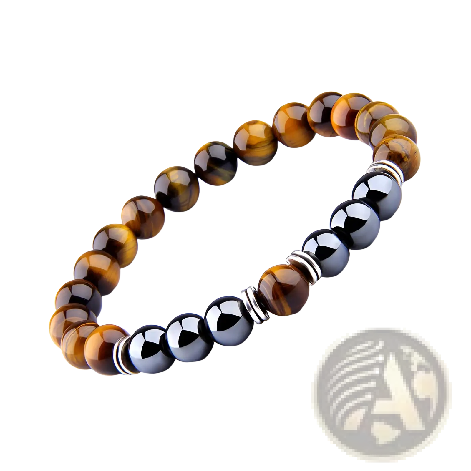 A sleek tiger eye and black magnetic obsidian beaded elastic bracelet with silver toned spacers