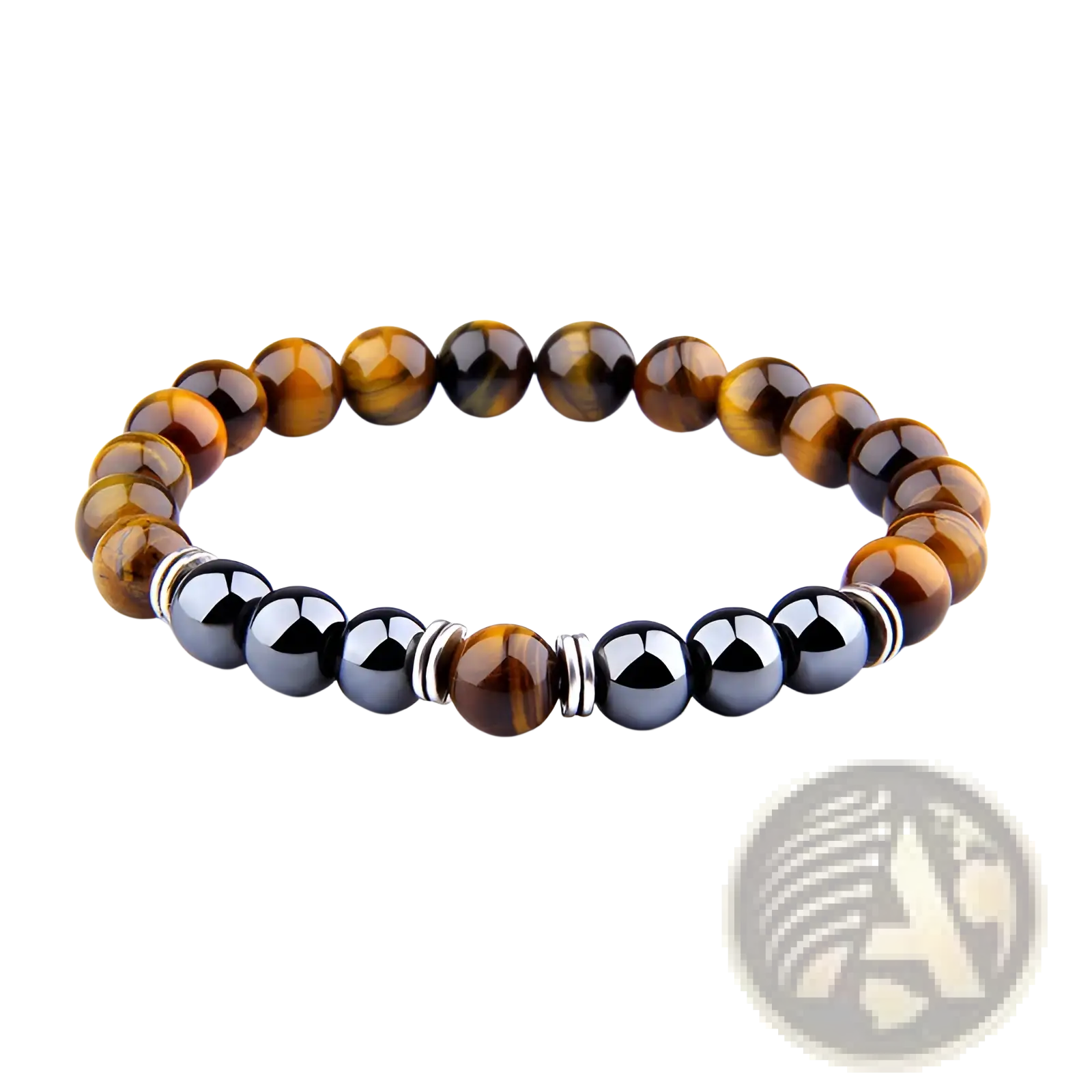 A 19cm tiger eye and black magnetic obsidian beaded elastic bracelet with silver-toned spacer beads