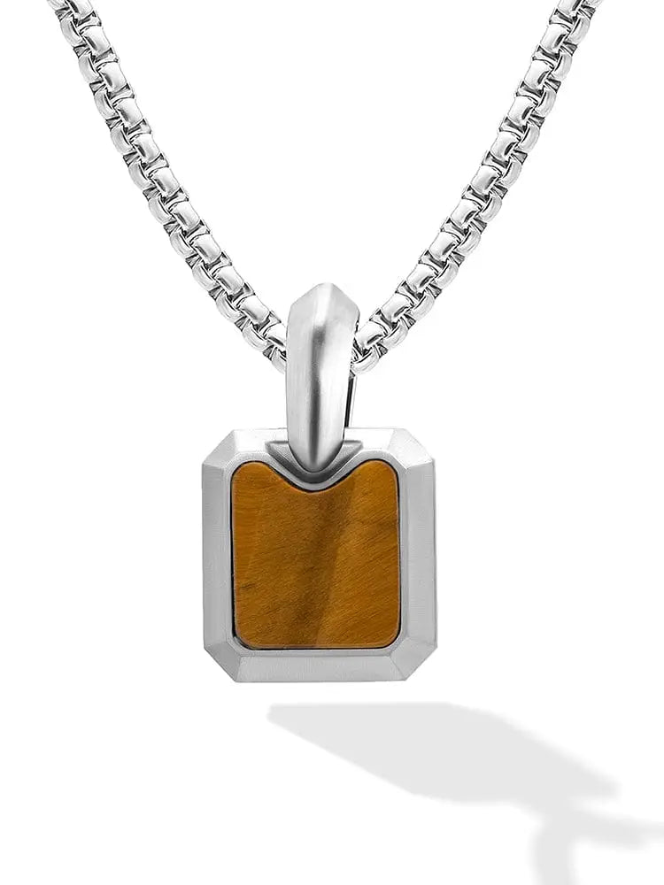 Silver-toned stainless steel dog tag necklace with rectangular faceted frame and amber tiger eye stone inset