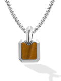Silver-toned stainless steel dog tag necklace with rectangular faceted frame and amber tiger eye stone inset