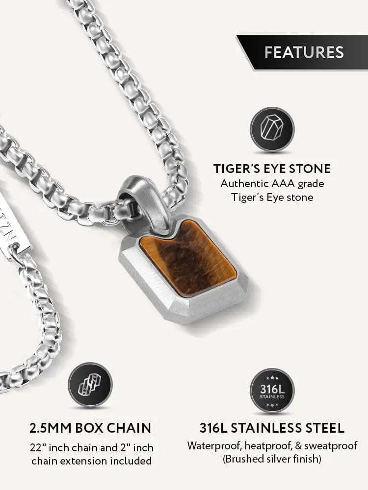 Silver-toned dog tag necklace featuring a rectangular polished tiger eye stone set in brushed 316L stainless steel