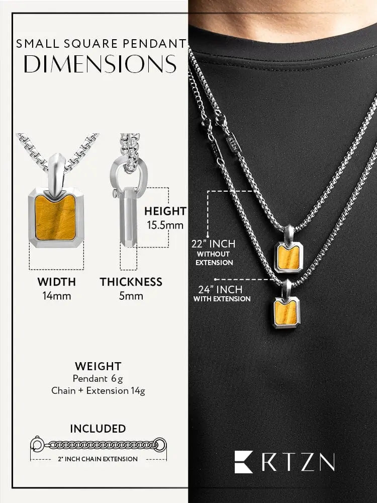 Silver-toned stainless steel dog tag necklace with vibrant yellow tiger eye stone inset and sleek modern square pendant design