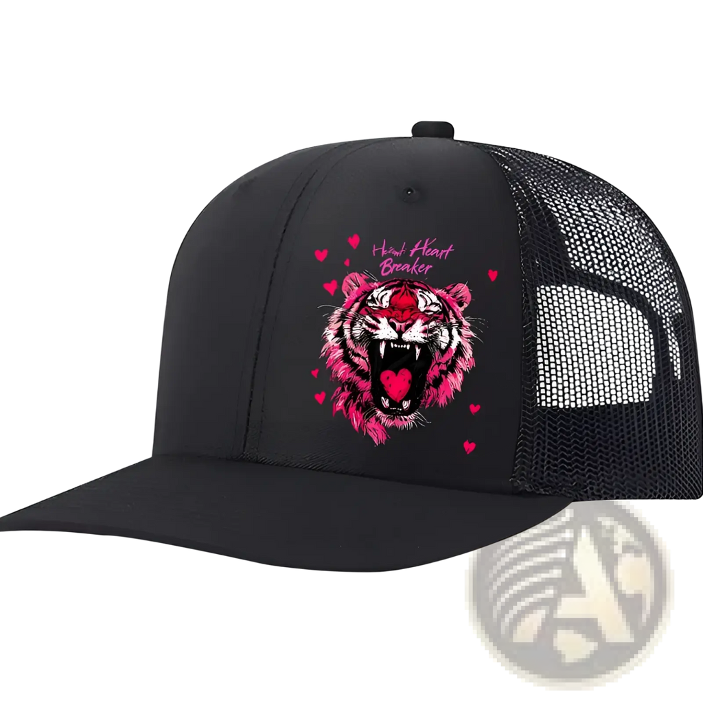 Black trucker hat with vibrant pink tiger graphic and heart breaker text on tan mesh back for men