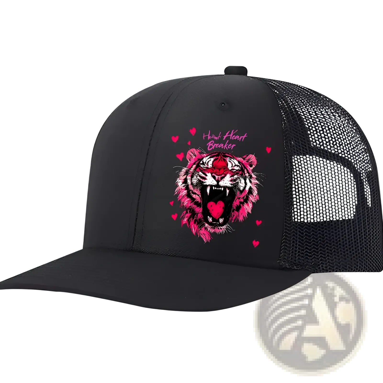 Black trucker hat with vibrant pink tiger graphic and heart breaker text on tan mesh back for men