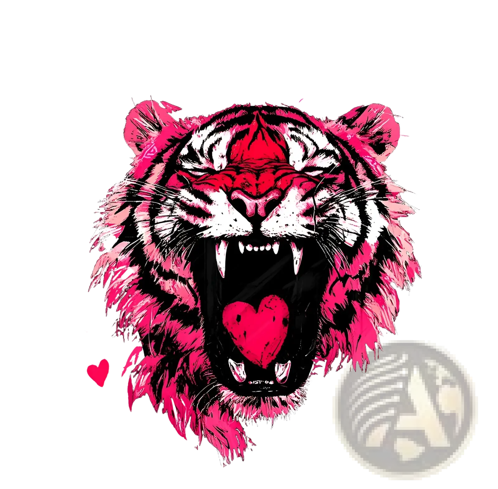 A vibrant pink and black tiger graphic trucker hat for men featuring an open mouth with a red heart detail