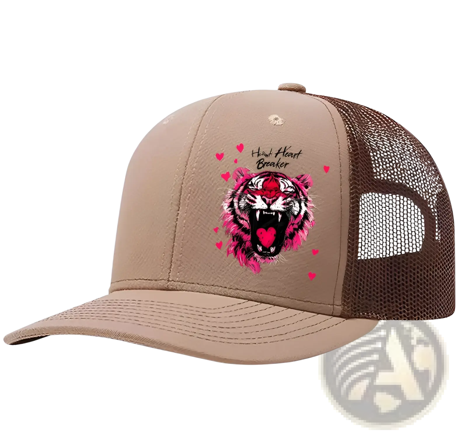 Tan trucker hat with vibrant pink and black tiger graphic and heart breaker text surrounded by small hearts