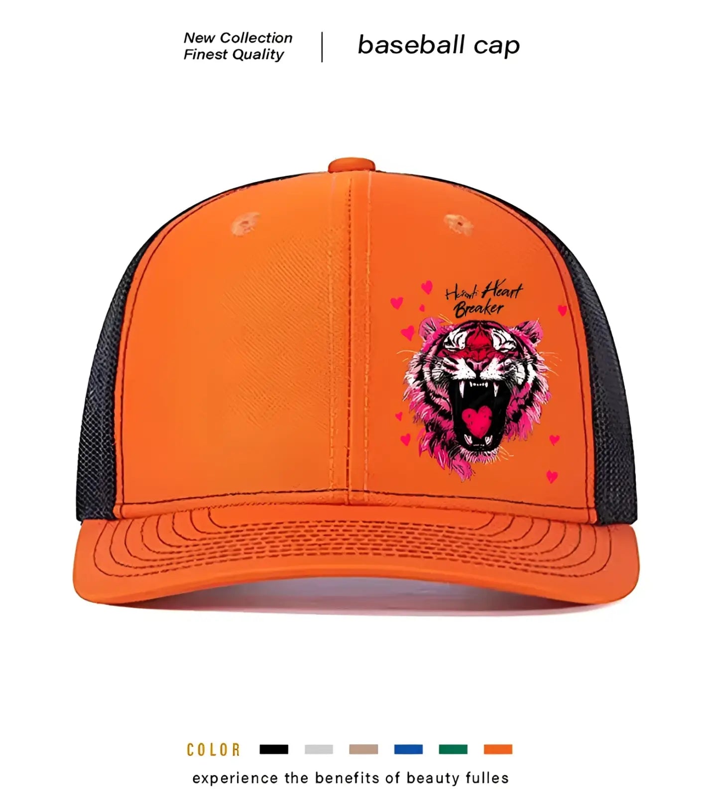Vibrant orange and black tiger graphic trucker hat for men featuring bold embroidery with pink accents and heart breaker text