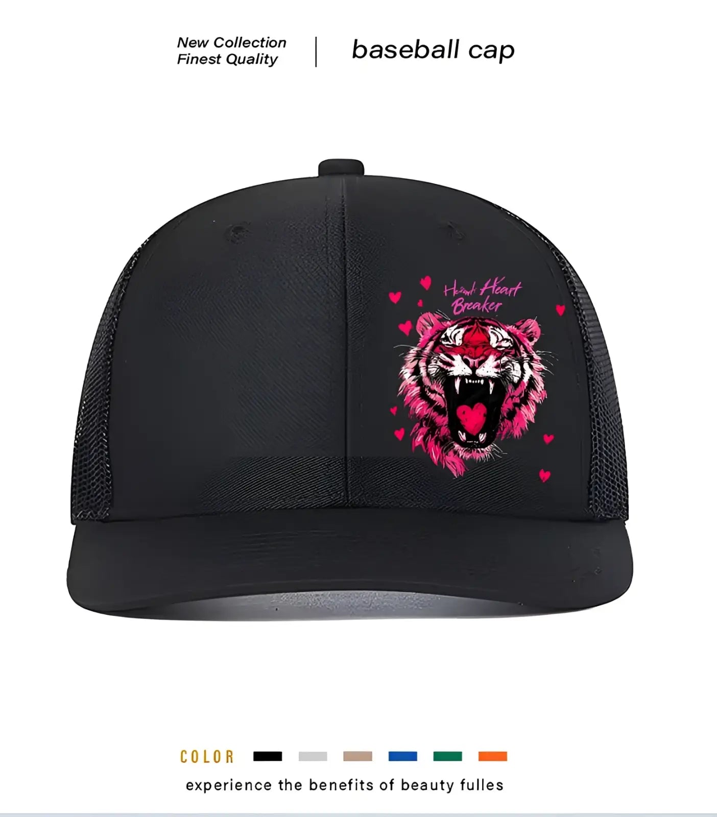 Black baseball cap featuring a vibrant pink tiger graphic and how heart breaker text on the front panel