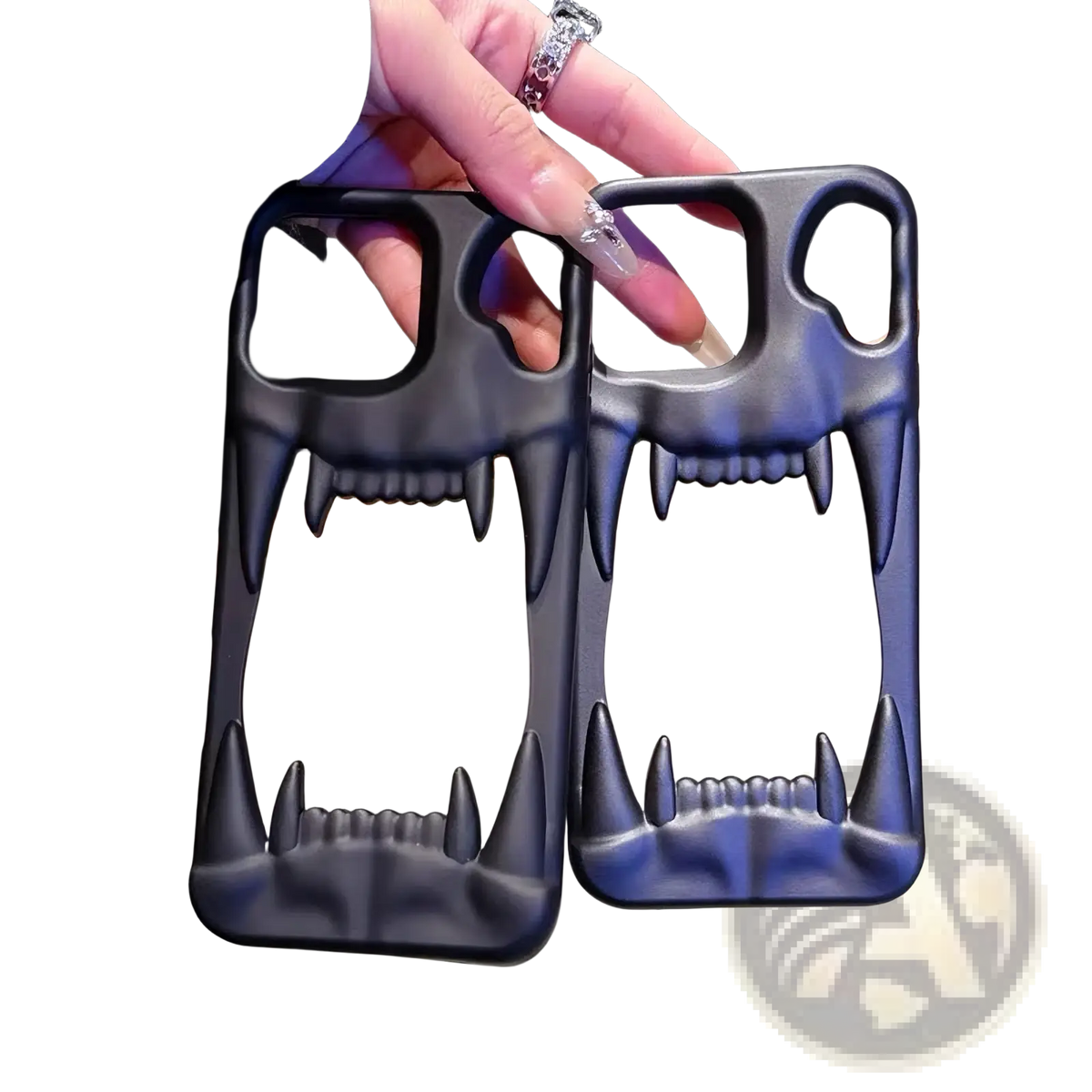 Black glossy skull-shaped tiger tooth hollow phone case for iphone with sharp pointed teeth shown from the back side