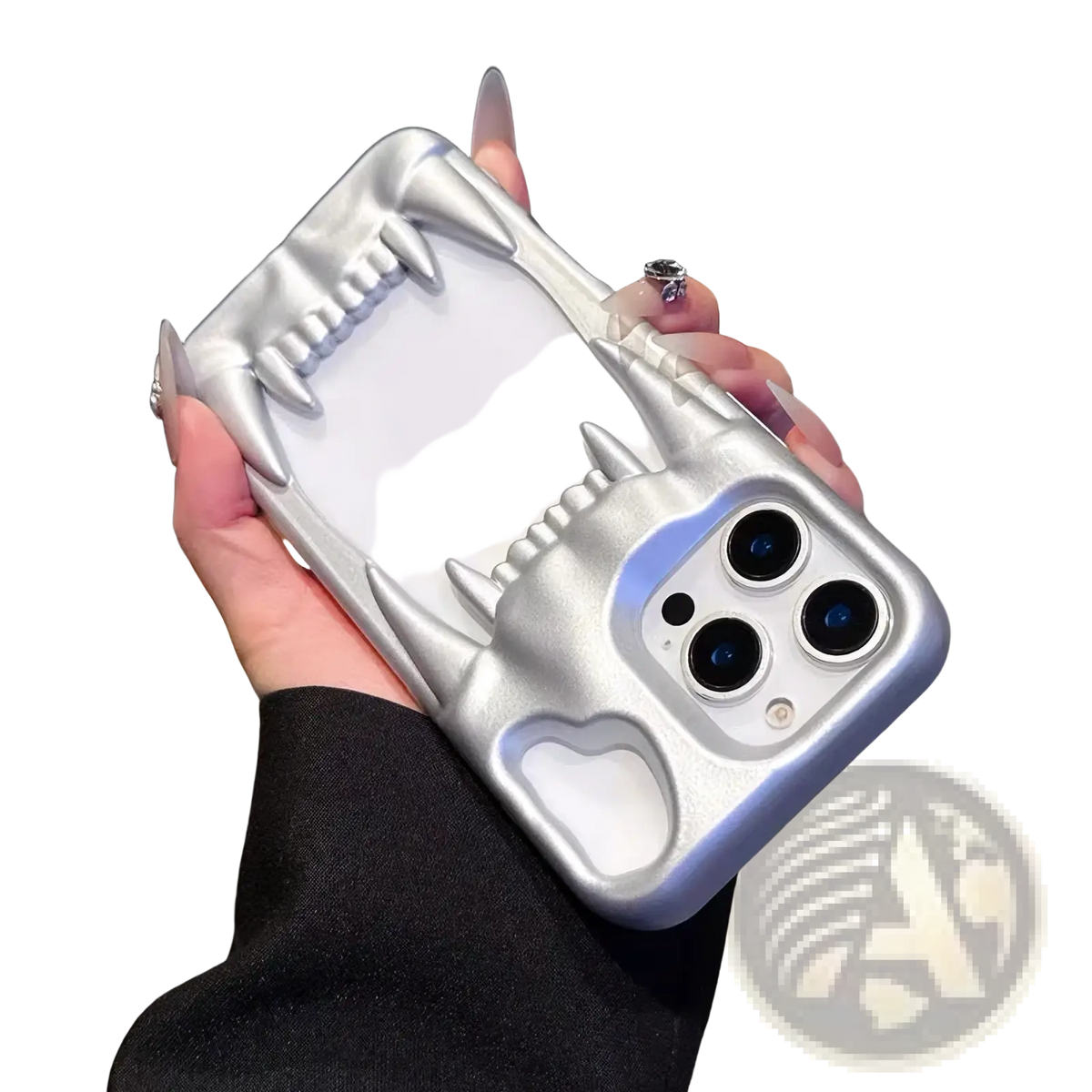 Silver dragon-themed tiger tooth hollow phone case for iphone with sharp pointed teeth and glossy finish on back side