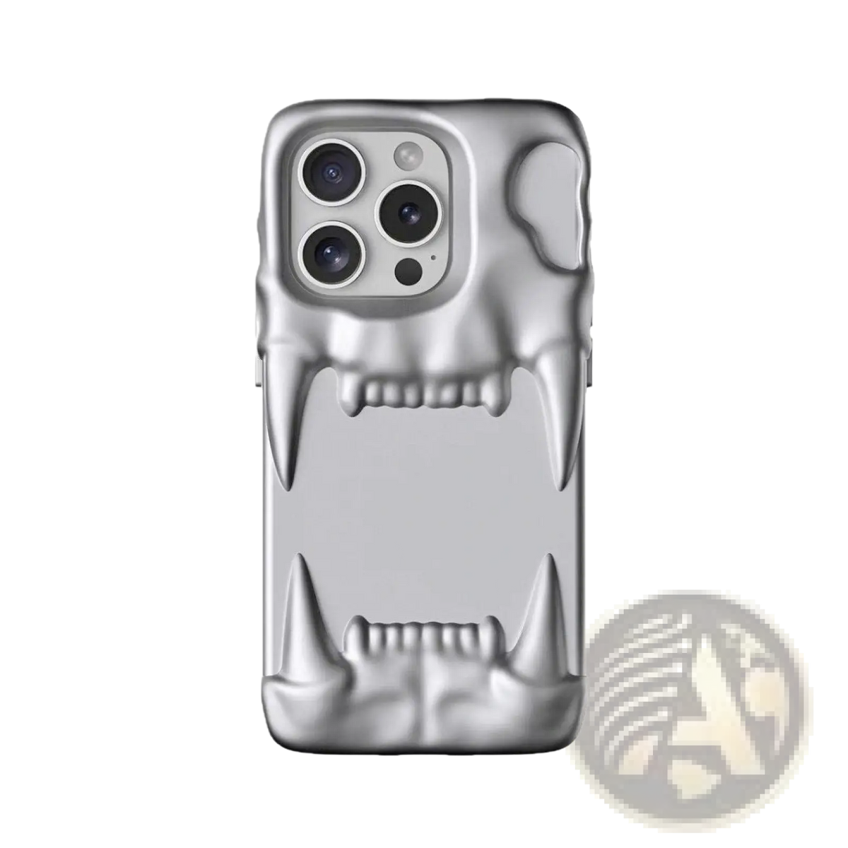 Silver tiger tooth hollow phone case for iPhone with textured metallic finish and detailed skull teeth design on back side