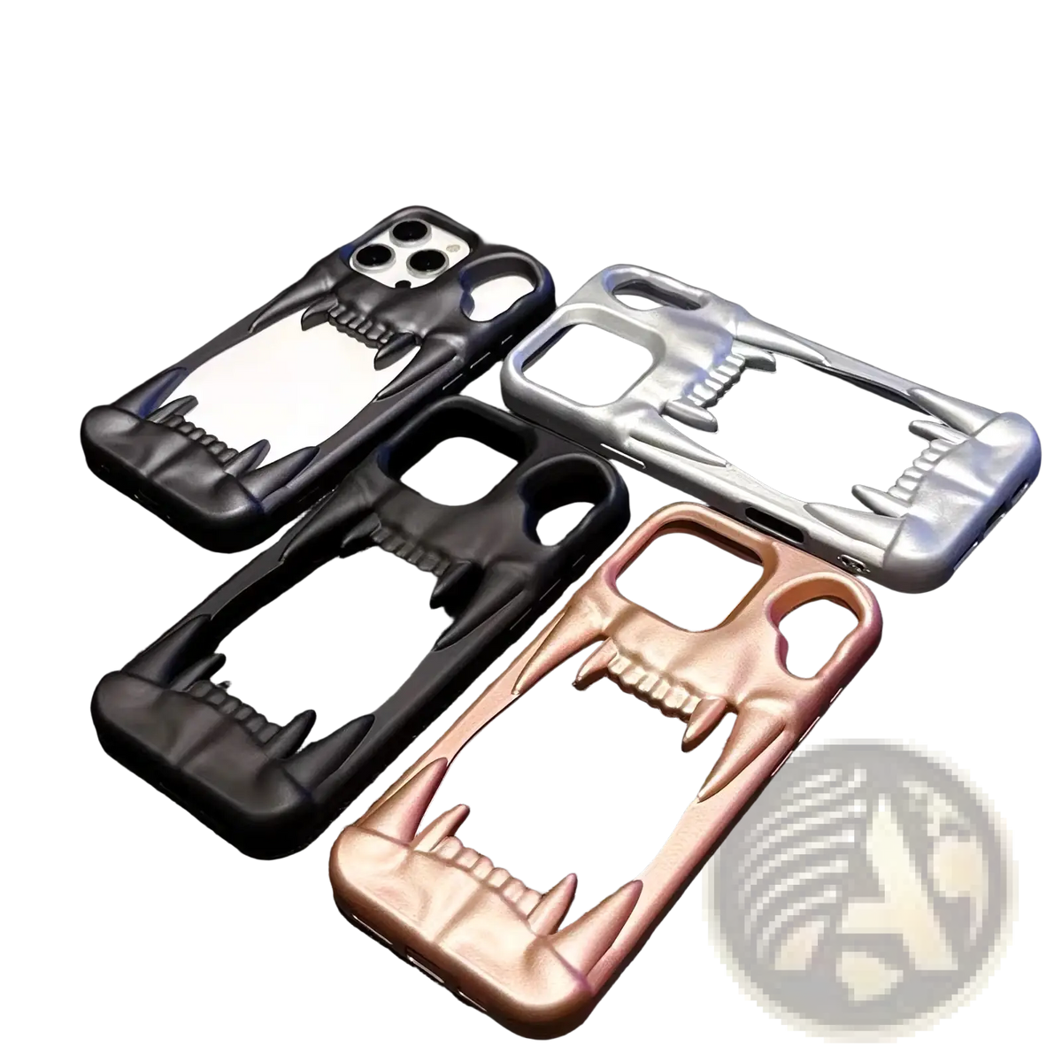 Three iphone tiger tooth hollow phone cases with skull design in black silver and rose gold metallic finish back side view