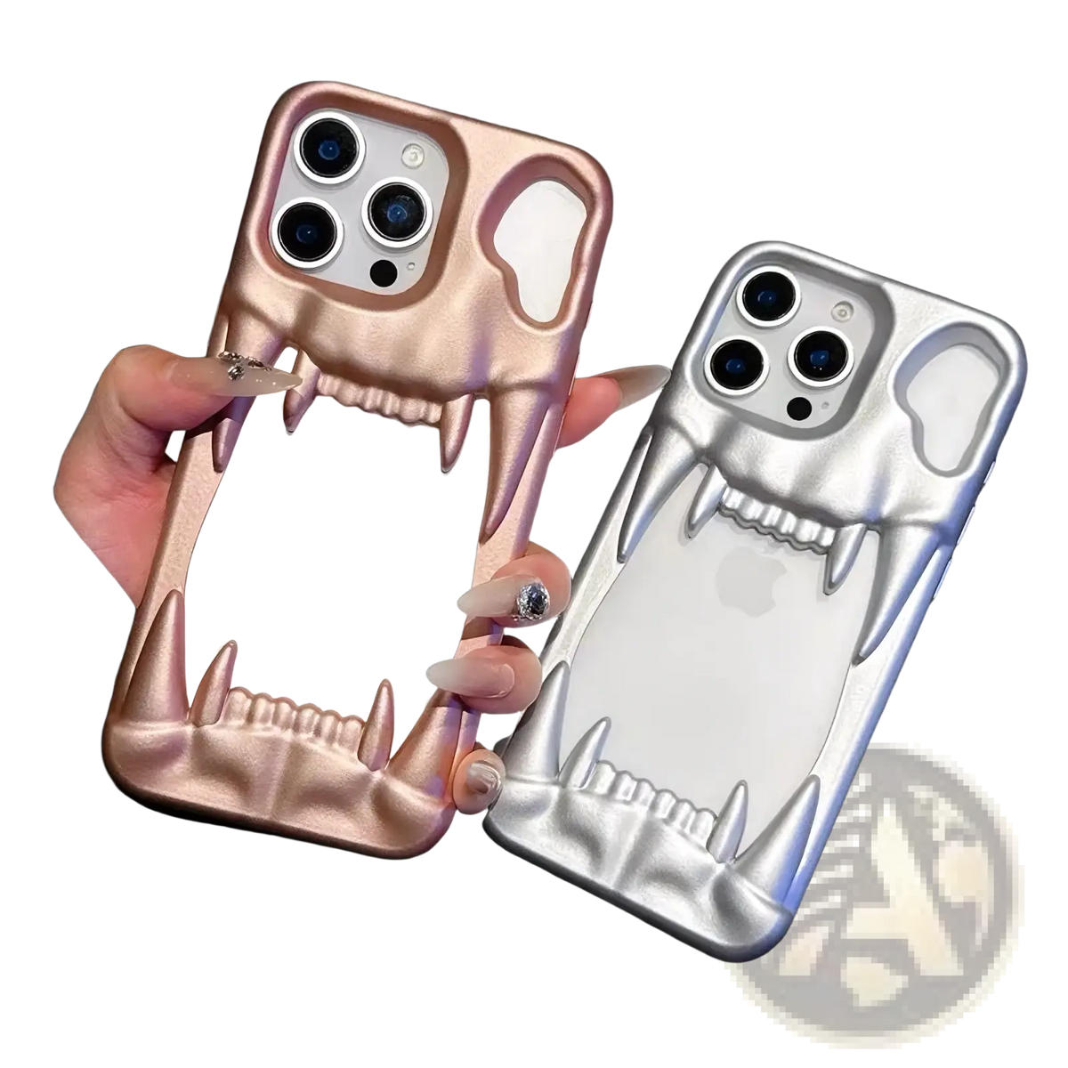 Two iphone cases showing the back side with 3d hollow skull tiger tooth design in rose gold and silver metallic finishes