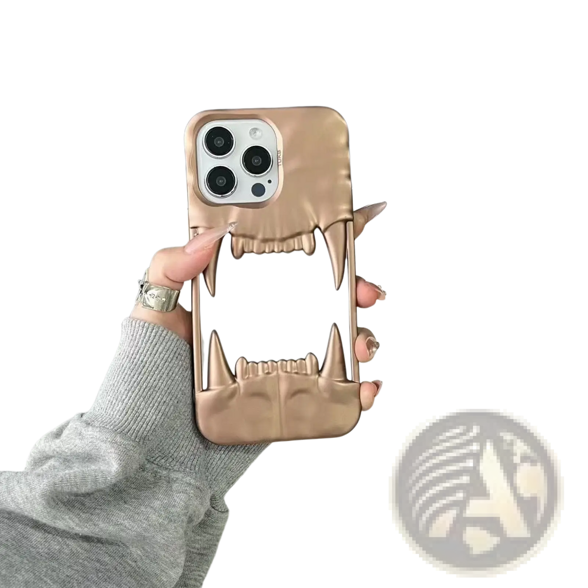 Back side of rose gold tiger tooth hollow phone case featuring sharp teeth and a glossy finish for iPhone