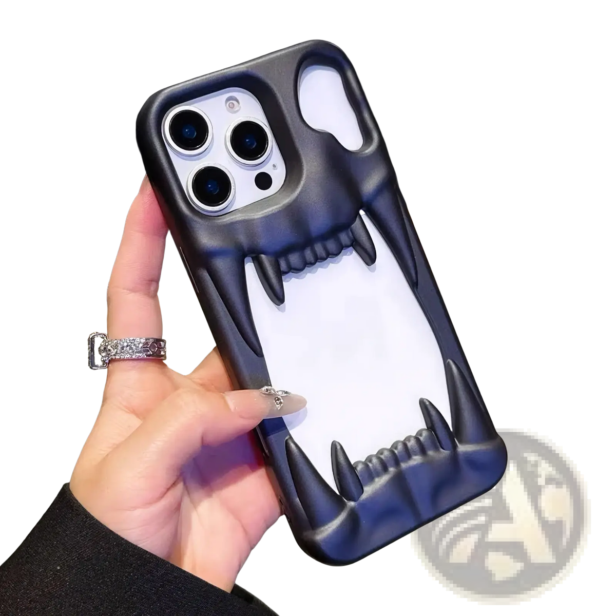 Back side of black and white skull themed tiger tooth hollow phone case with sharp teeth design for iphone